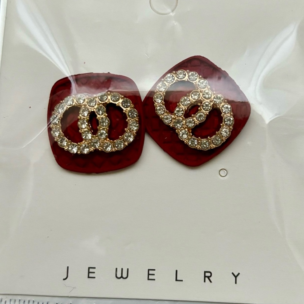 Red Quilted Rhinestone Stud Earrings Statement Jewelry